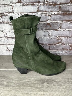 Arche Lane Slouchy Olive Green Suede Leather Mid Calf Buckle Side Zip Women 11US